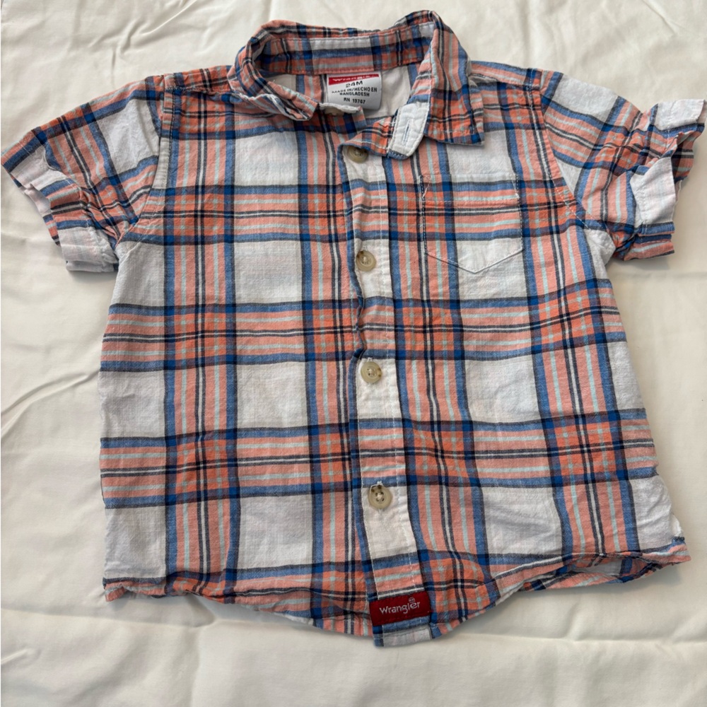 Wrangler Boys Plaid Button-Down Shirt in White, Orange & Blue